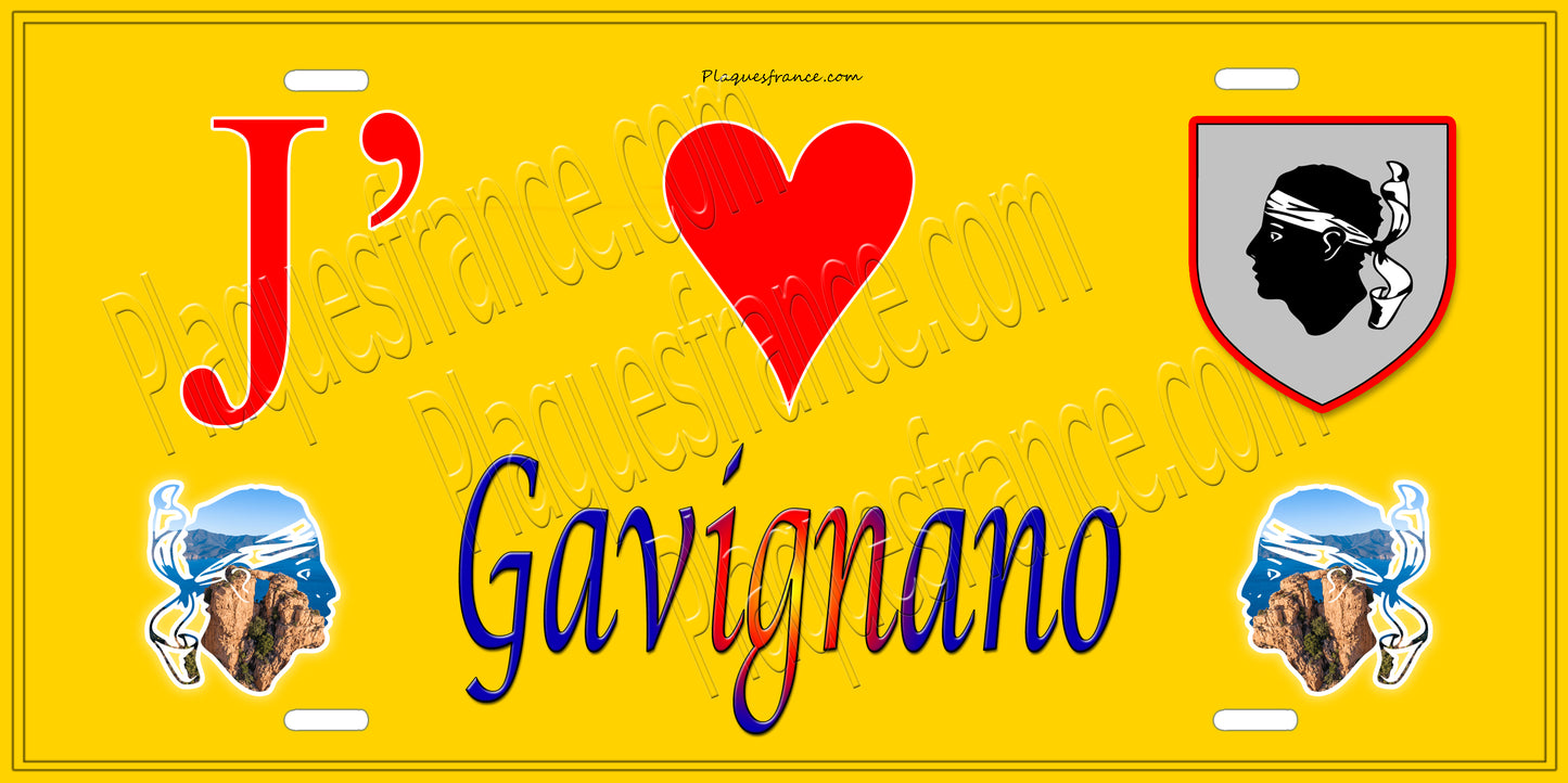 Plaque métal décorative 15 x 30 cm jaune J' ❤️ Gavignano Canton de Golo-Morosaglia Haute-Corse