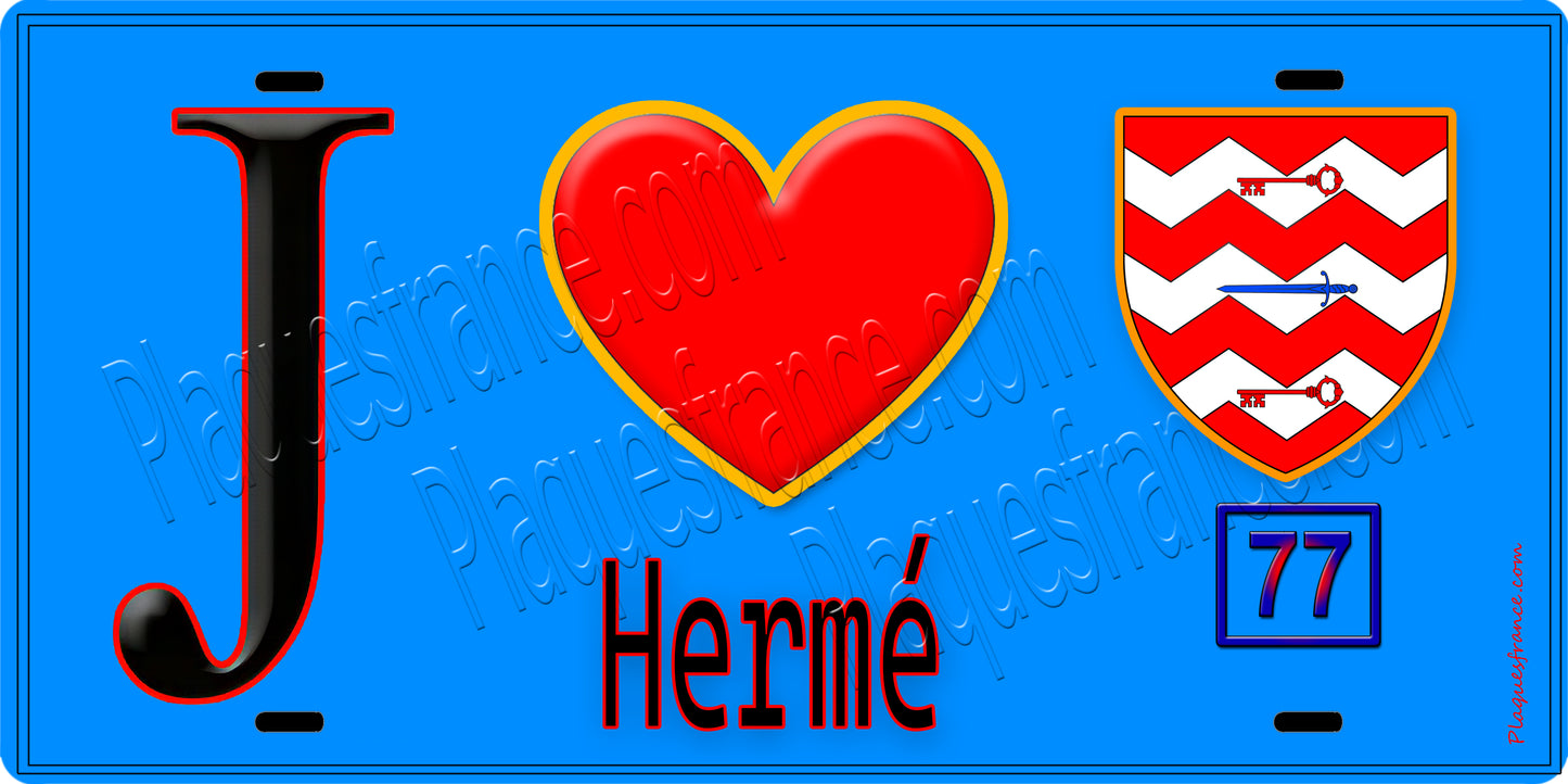 Plaque métal décorative  J' ❤️Hermé, Seine et Marne (77) fond bleu