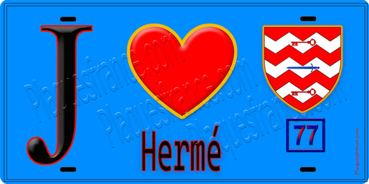 Plaque métal décorative  J' ❤️Hermé, Seine et Marne (77) fond bleu