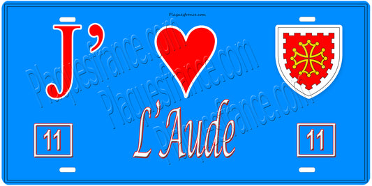 Plaque métal décorative, J' ❤️L'Aude, région Occitanie fond  mur bleu 11