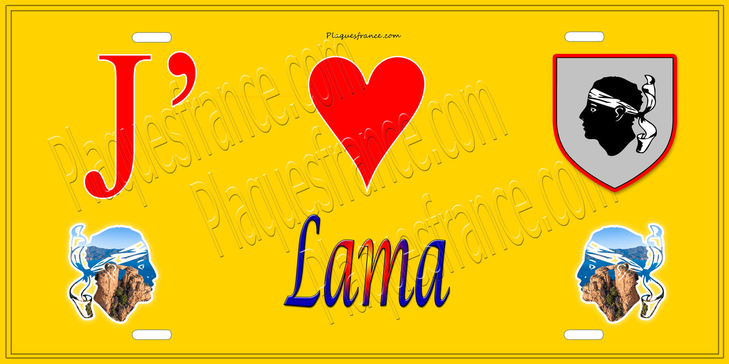 Plaque métal décorative 15 x 30 cm jaune J' ❤️ Lama Canton de l'Île-Rousse Haute-Corse