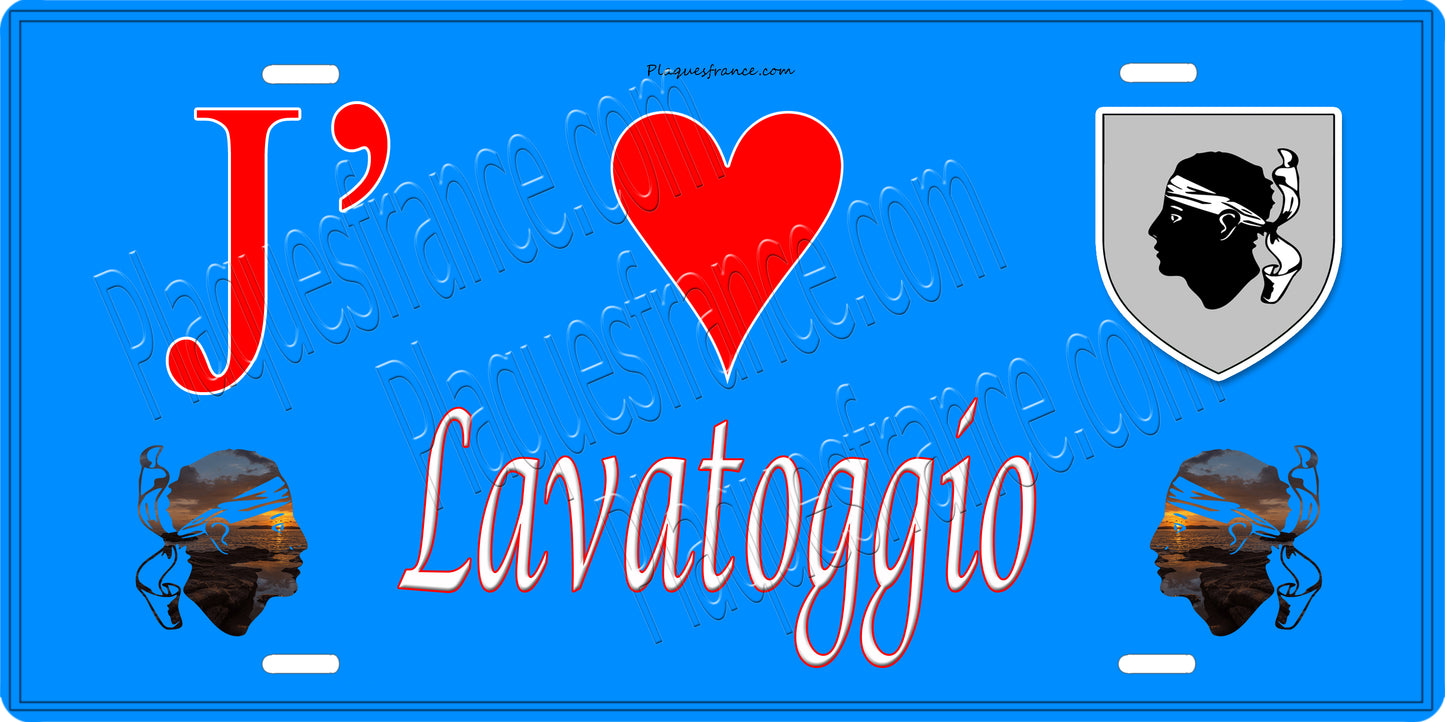 Plaque métal décorative 15 x 30 cm bleu J' ❤️ Lavatoggio Canton de Calvi Haute-Corse