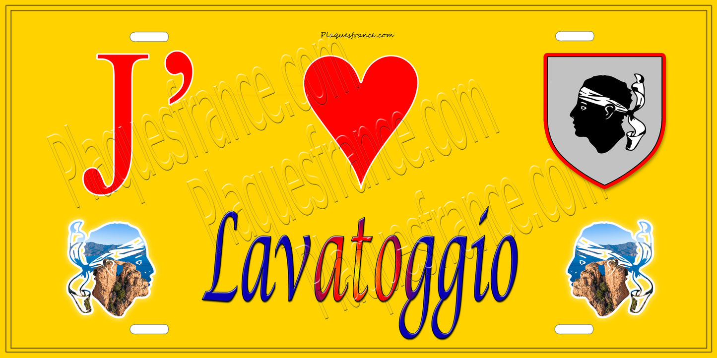 Plaque métal décorative 15 x 30 cm jaune J' ❤️ Lavatoggio Canton de Calvi Haute-Corse