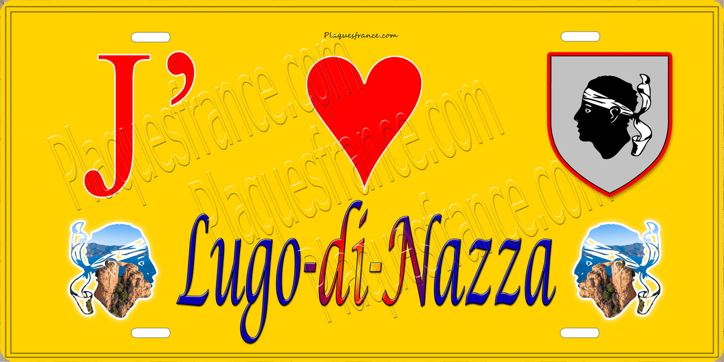 Plaque métal décorative 15 x 30 cm jaune J' ❤️ Lugo di Nazza Canton de Fiumorbo-Castello Haute-Corse