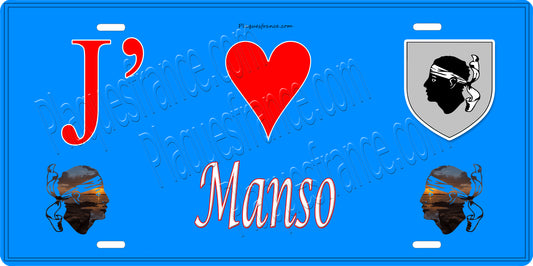Plaque métal décorative 15 x 30 cm bleu J' ❤️ Manso Canton de Calvi Haute-Corse