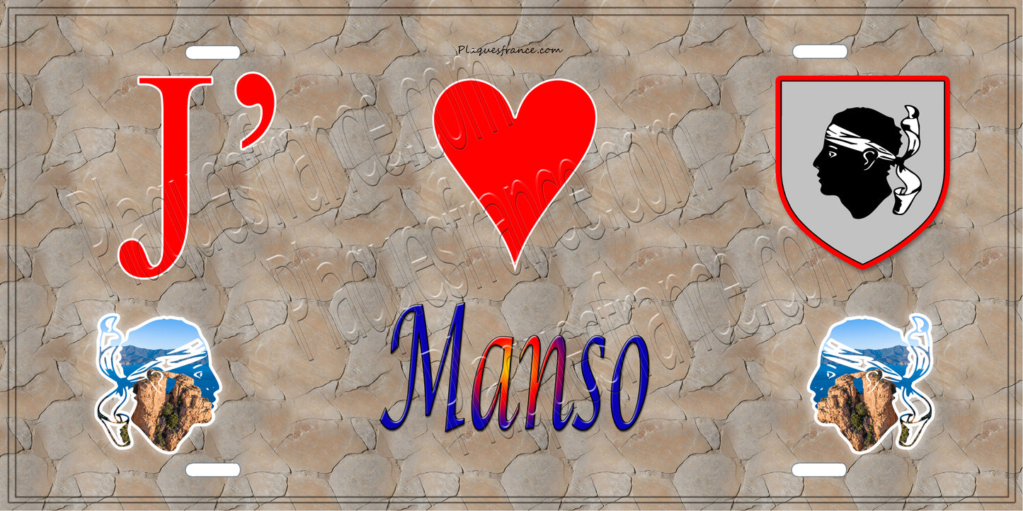 Plaque métal décorative 15 x 30 cm mur antique J' ❤️ Manso Canton de Calvi Haute-Corse