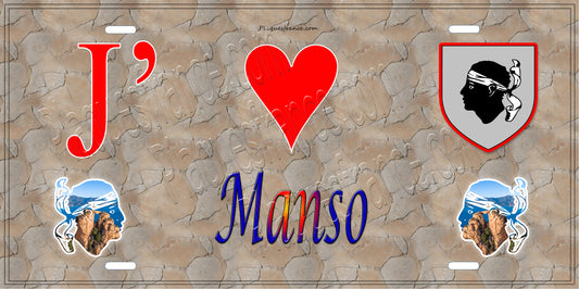 Plaque métal décorative 15 x 30 cm mur antique J' ❤️ Manso Canton de Calvi Haute-Corse
