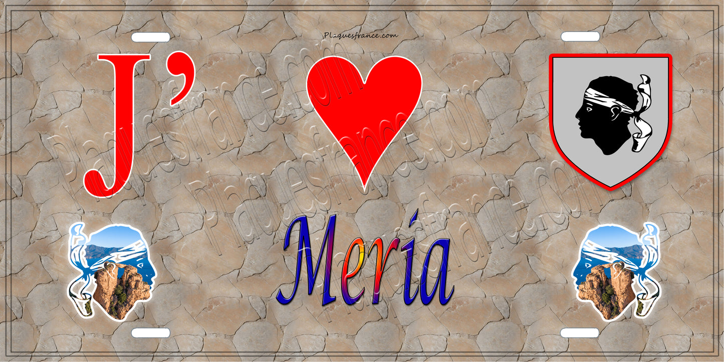 Plaque métal décorative 15 x 30 cm mur antique J' ❤️ Meria Canton du Cap Corse Haute-Corse