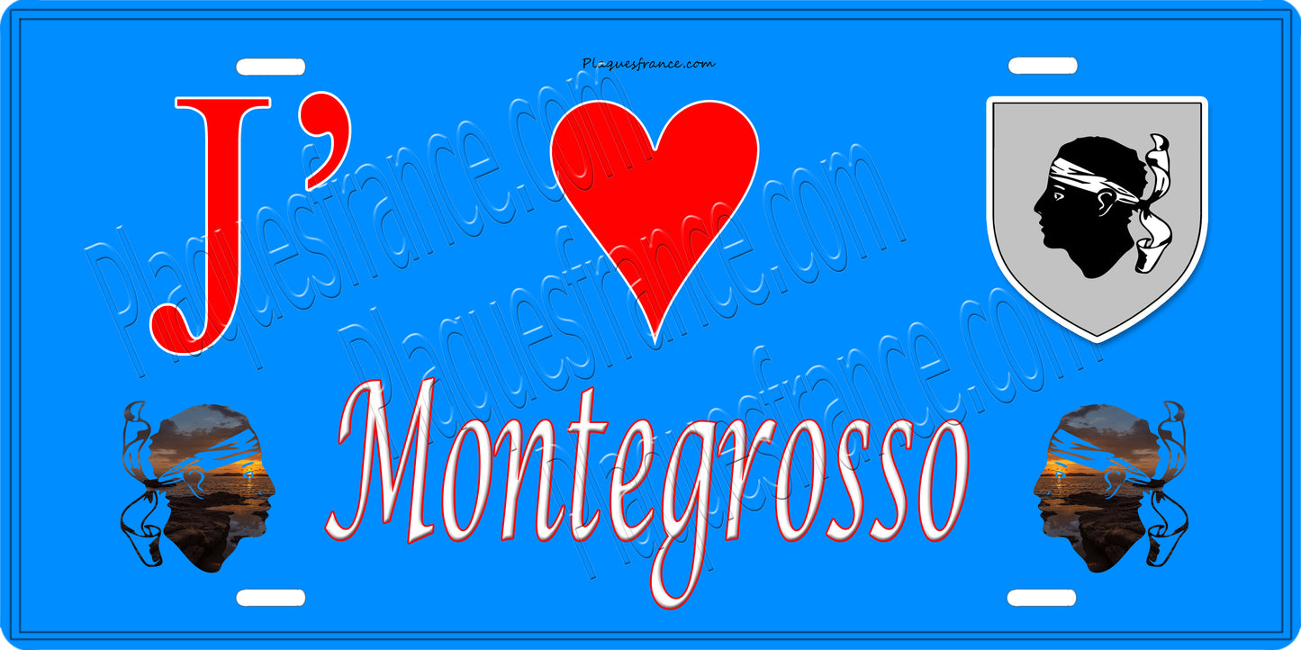 Plaque métal décorative 15 x 30 cm bleu J' ❤️ Montegrosso Canton de Calvi Haute-Corse