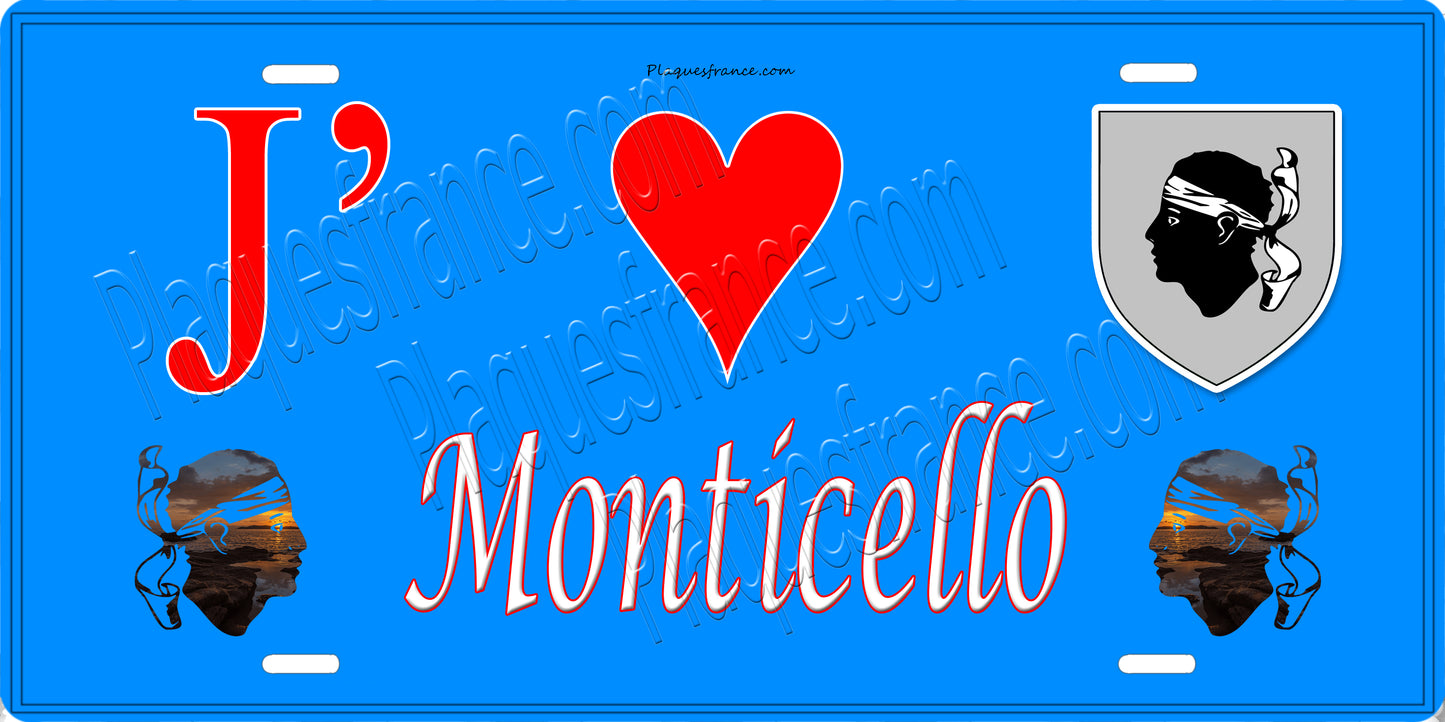 Plaque métal décorative 15 x 30 cm bleu J' ❤️ Monticello Canton de l'Île-Rousse Haute-Corse