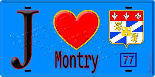 Plaque métal décorative  J' ❤️Montry, Seine et Marne (77) fond bleu