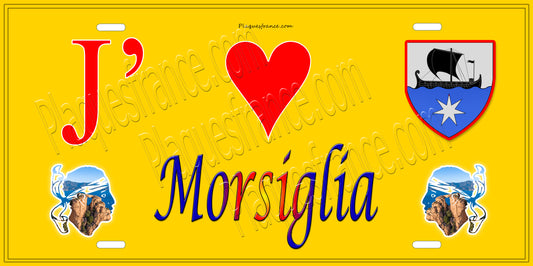 Plaque métal décorative 15 x 30 cm jaune J' ❤️ Morsiglia Canton du Cap Corse Haute-Corse
