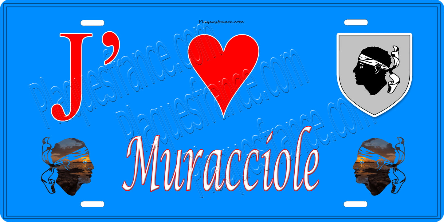 Plaque métal décorative 15 x 30 cm bleu J' ❤️ Muracciole Canton du Corte Haute-Corse