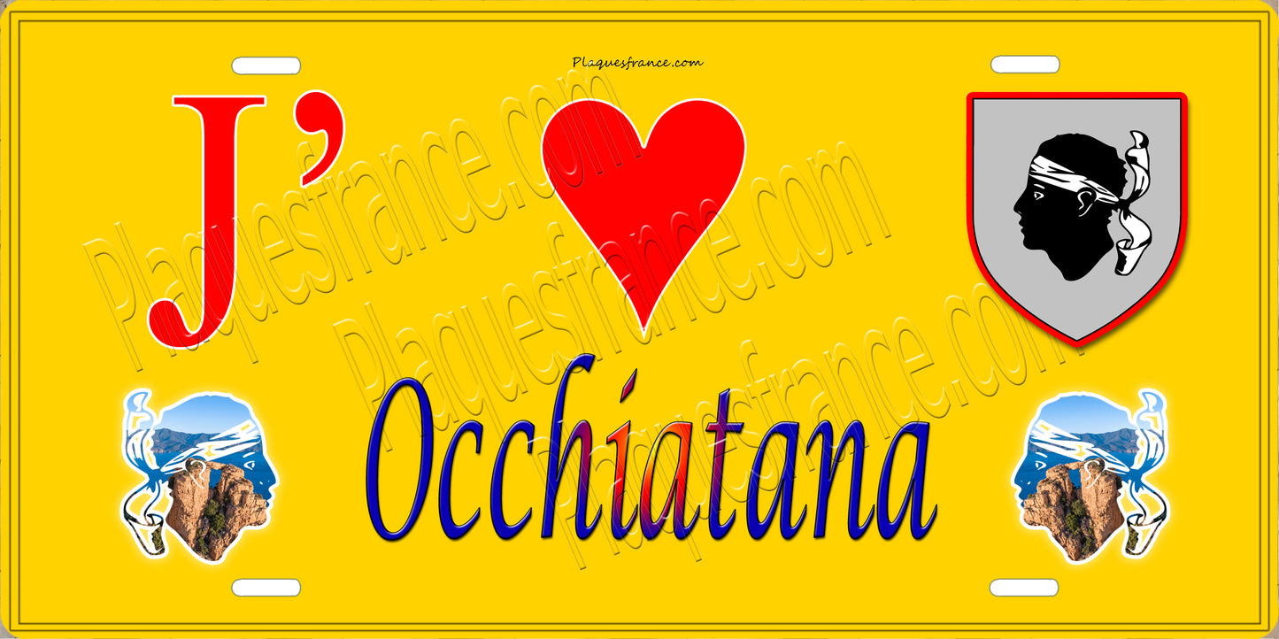 Plaque métal décorative 15 x 30 cm jaune  J' ❤️ Occhiatana Canton de l'Île-Rousse Haute-Corse