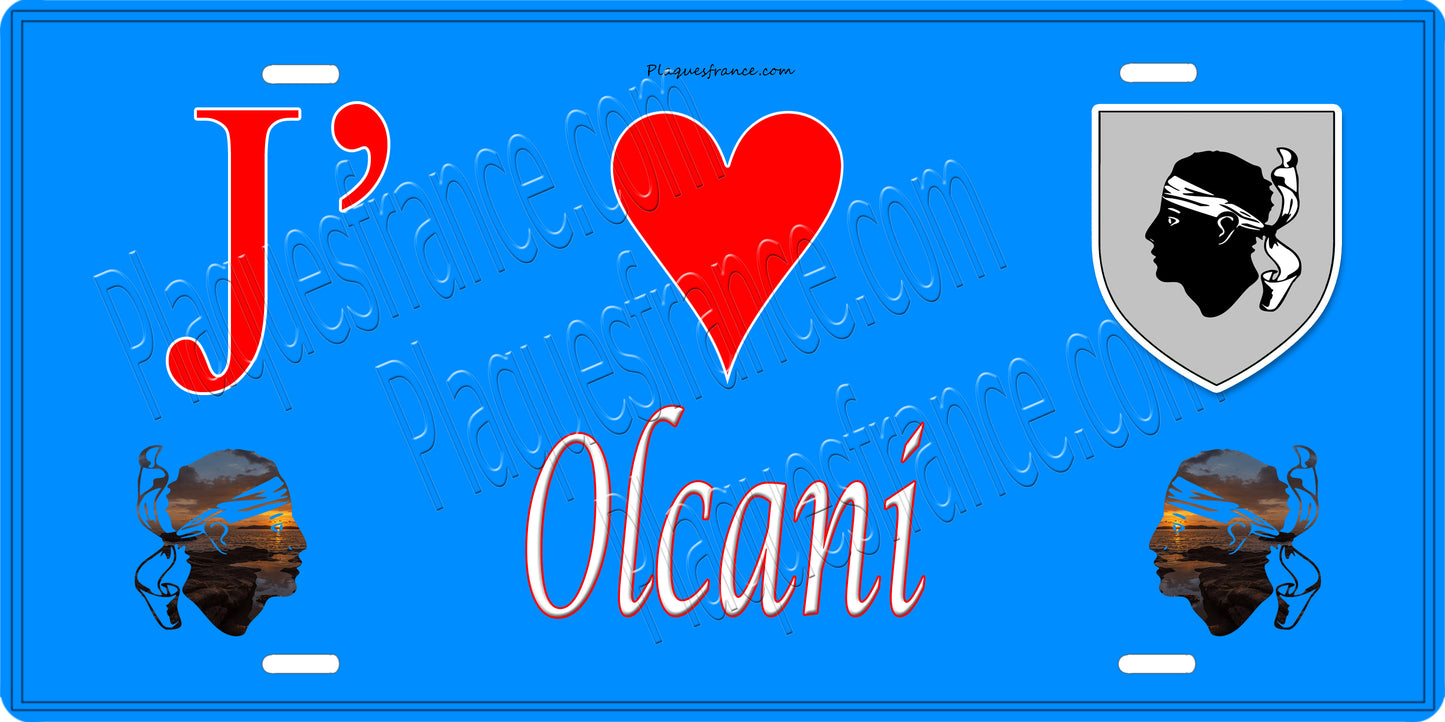 Plaque métal décorative 15 x 30 cm bleu J' ❤️ Olcani Canton du Cap Corse Haute-Corse
