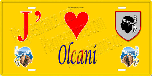 Plaque métal décorative 15 x 30 cm jaune  J' ❤️ Olcani Canton du Cap Corse Haute-Corse