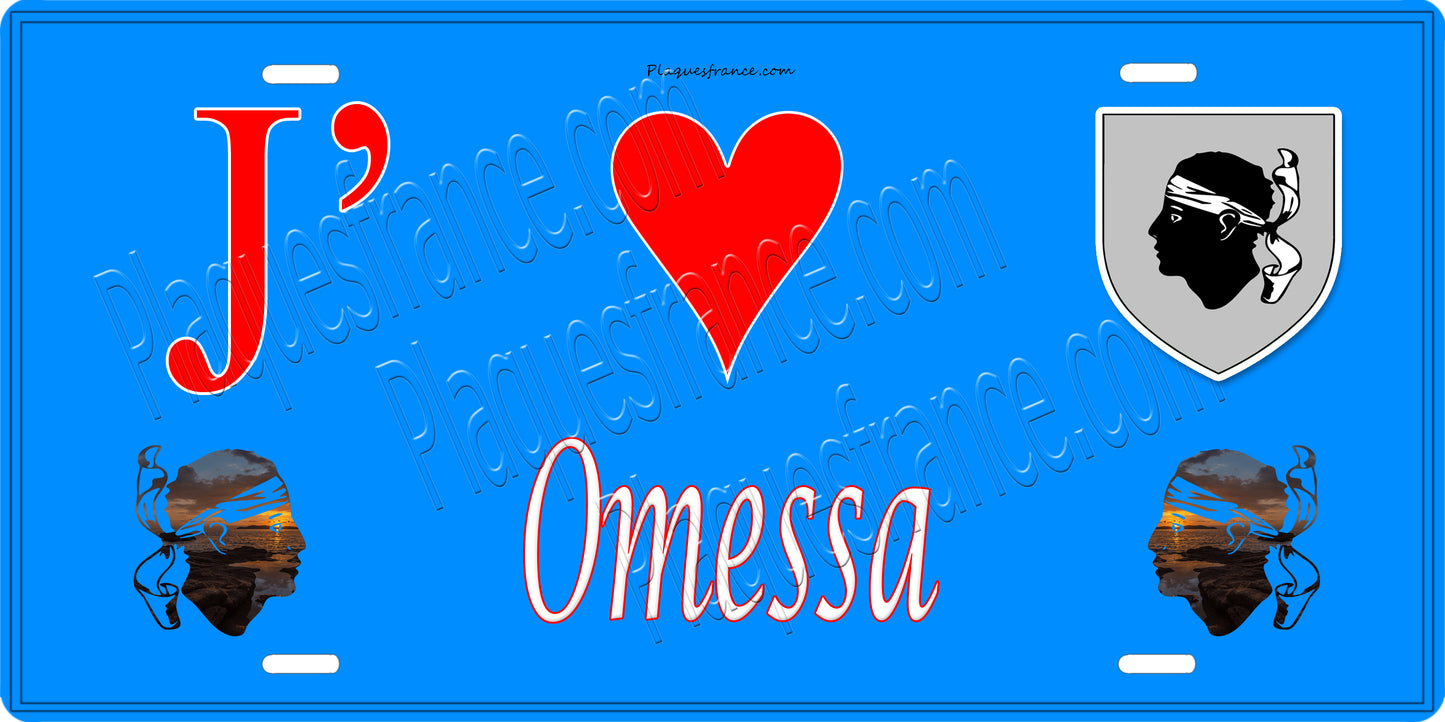 Plaque métal décorative 15 x 30 cm bleu J' ❤️ Omessa  Canton de Golo-Morosaglia Haute-Corse