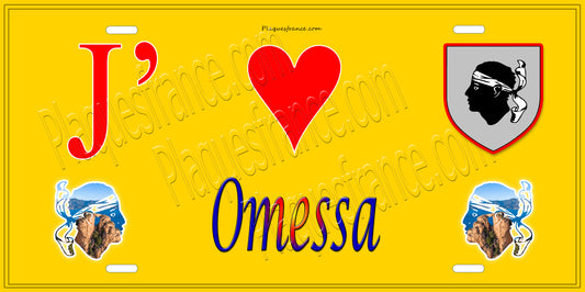 Plaque métal décorative 15 x 30 cm jaune J' ❤️ Omessa  Canton de Golo-Morosaglia Haute-Corse