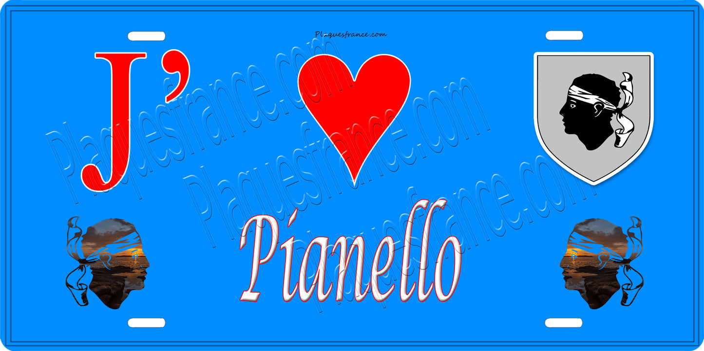 Plaque métal décorative 15 x 30 cm bleu J' ❤️ Pianello  Canton de Ghisonaccia Haute-Corse