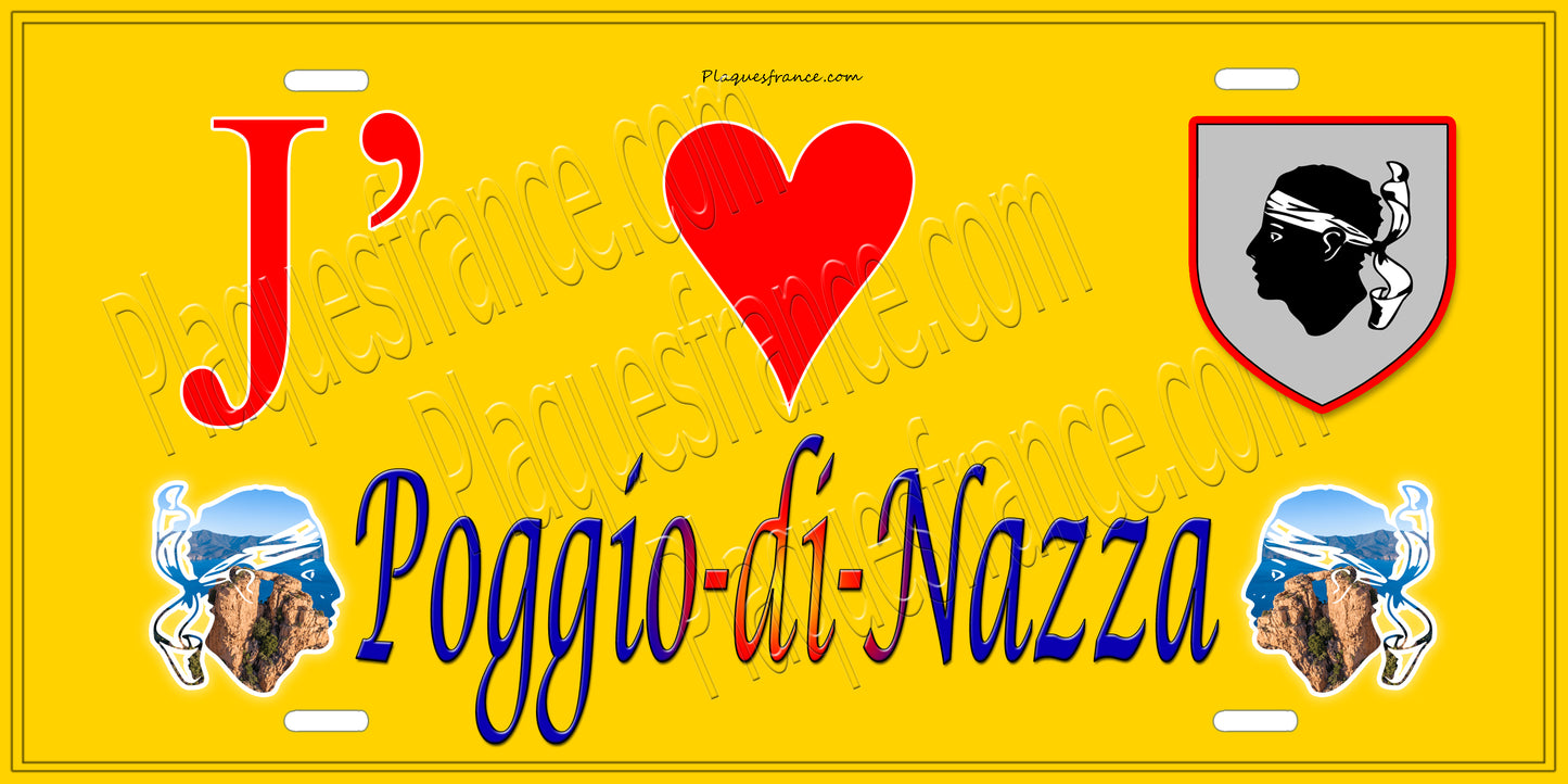 Plaque métal décorative 15 x 30 cm jaune J' ❤️ Poggio di Nazza Canton Biguglia-Nebbio Haute-Corse