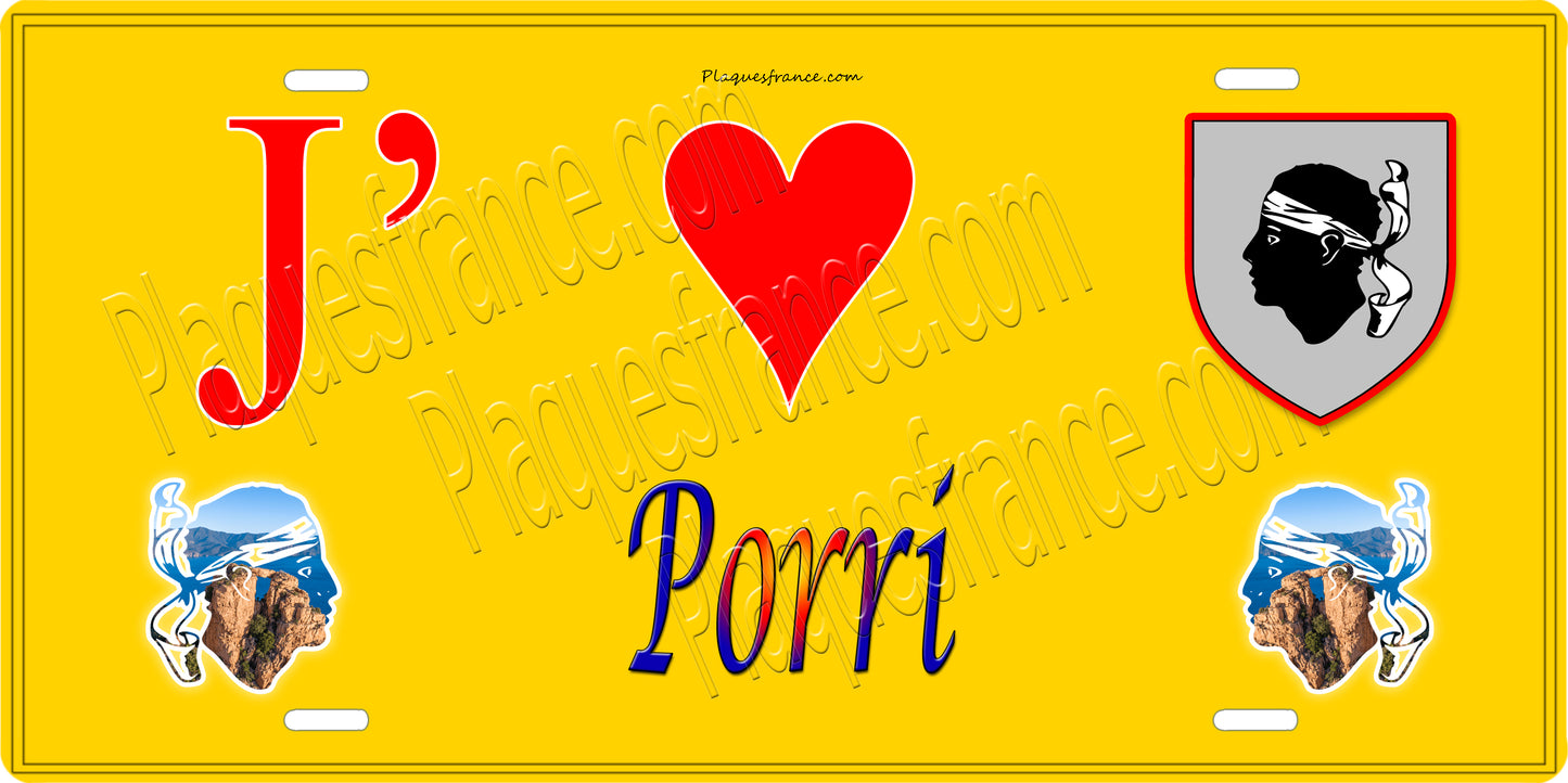Plaque métal décorative 15 x 30 cm jaune J' ❤️ Porri Canton de Casinca-Fumalto Haute-Corse