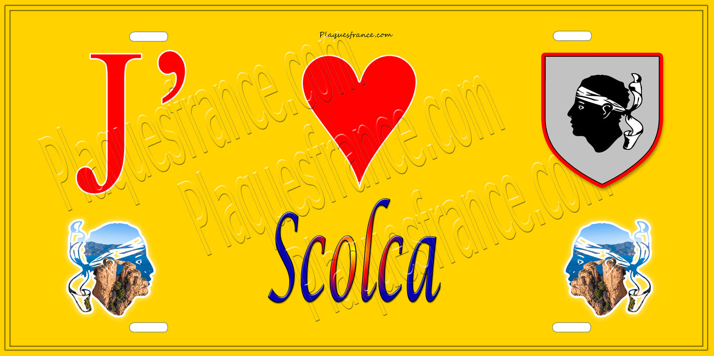 Plaque métal décorative 15 x 30 cm jaune J' ❤️ Scolca Canton de Golo-Morosaglia Haute-Corse