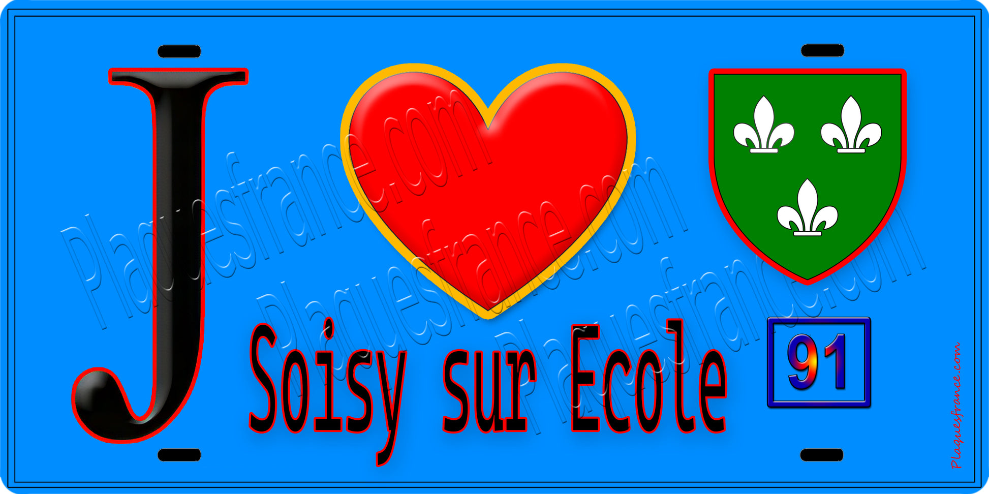 Plaque métal décorative  J' ❤️Soisy-sur-École, Essonne (91) fond bleu