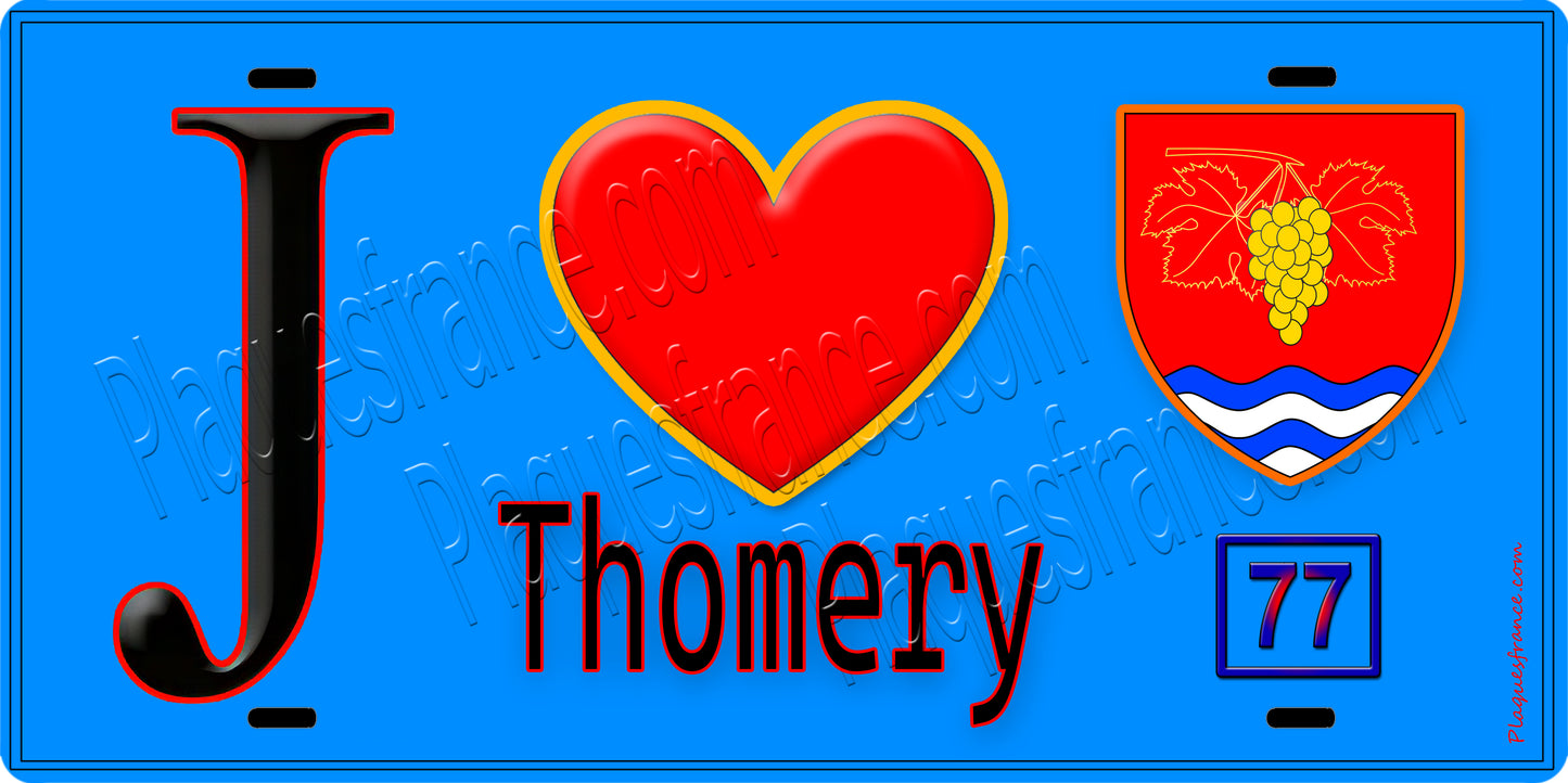 Plaque métal décorative  J' ❤️Thomery, Seine et Marne (77) fond bleu