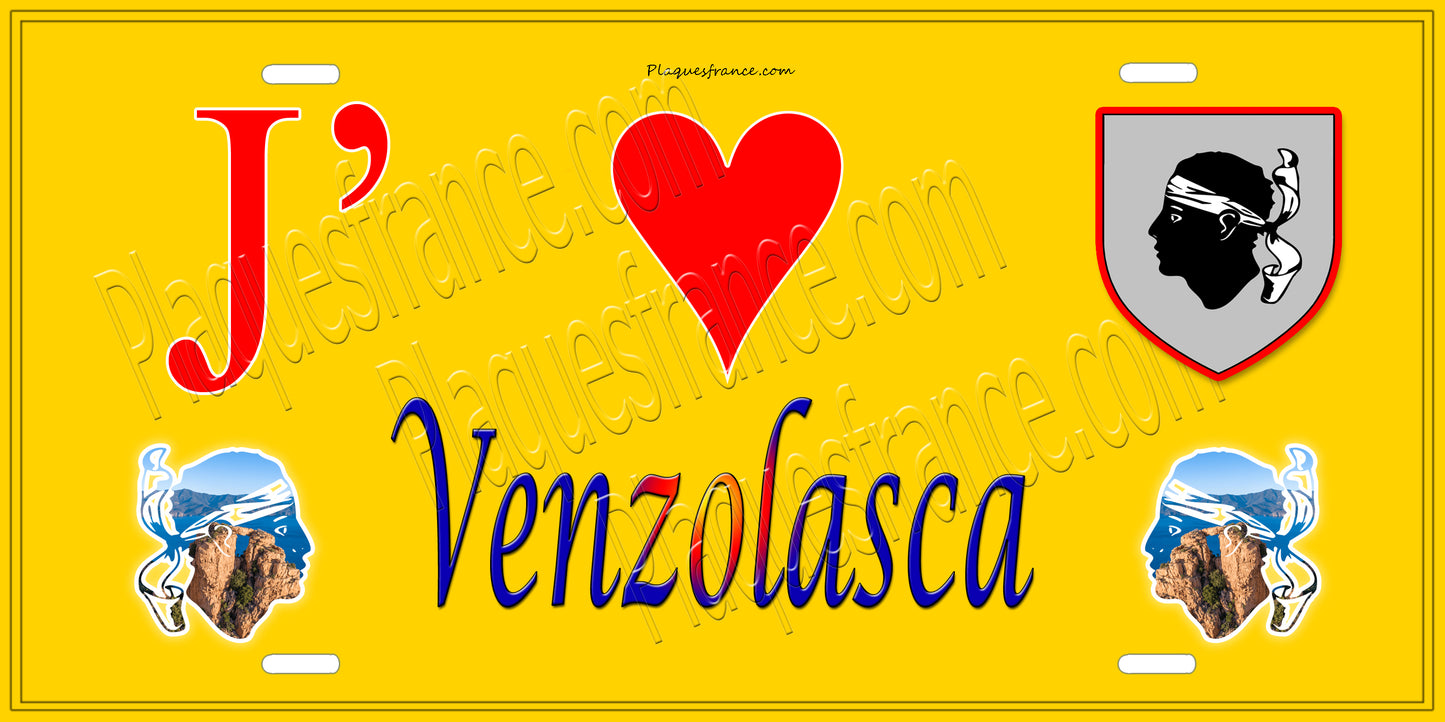 Plaque métal décorative 15 x 30 cm jaune J' ❤️ Venzolasca Canton de Canton de Casinca-Fumalto Haute-Corse