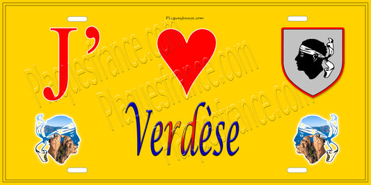 Plaque métal décorative 15 x 30 cm jaune J' ❤️ Verdèse Canton de la Castagniccia Haute-Corse