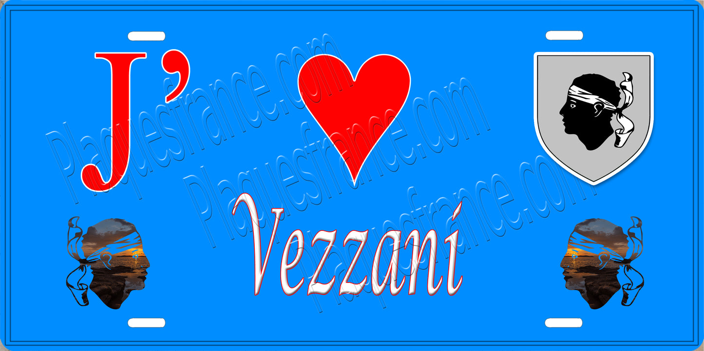Plaque métal décorative 15 x 30 cm bleu J' ❤️ Vezzani Canton de Fiumorbo-Castello-Corse