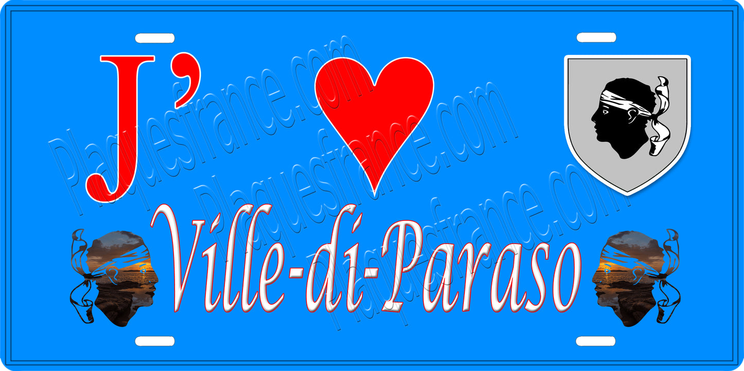 Plaque métal décorative 15 x 30 cm bleu J' ❤️ Ville-di-Paraso Canton de l'Île-Rousse-Corse