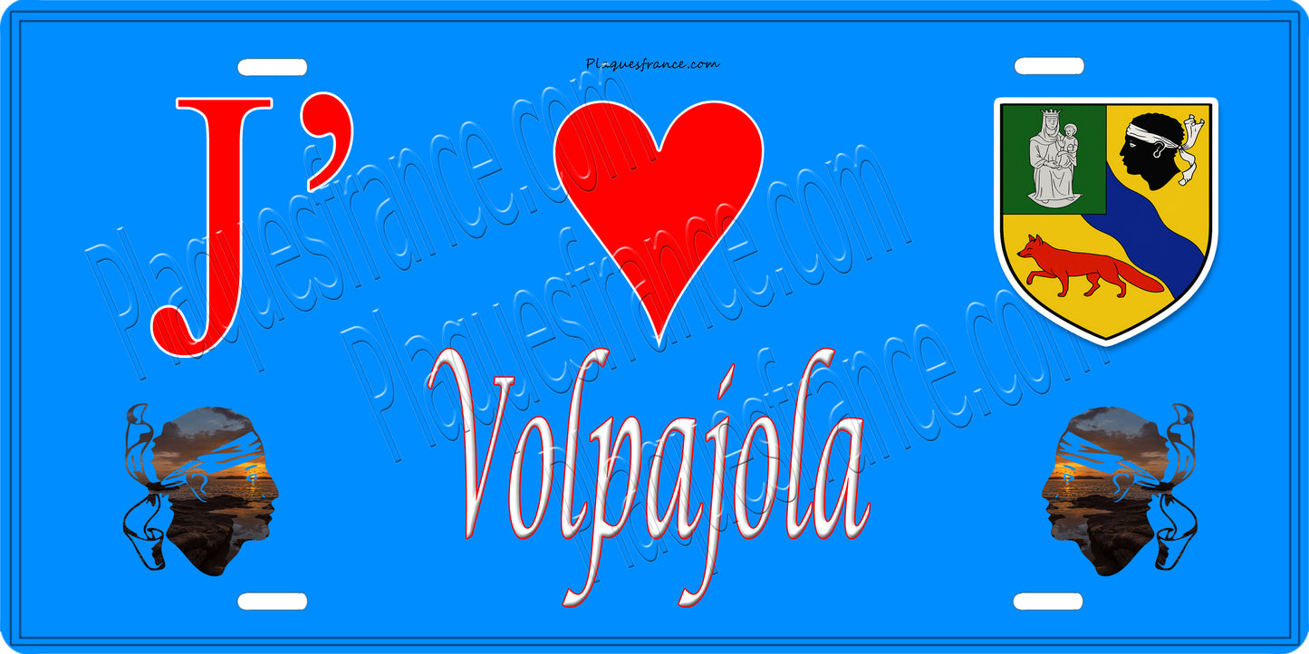 Plaque métal décorative 15 x 30 cm bleu J' ❤️ Volpajola Canton de Corte Haute Corse