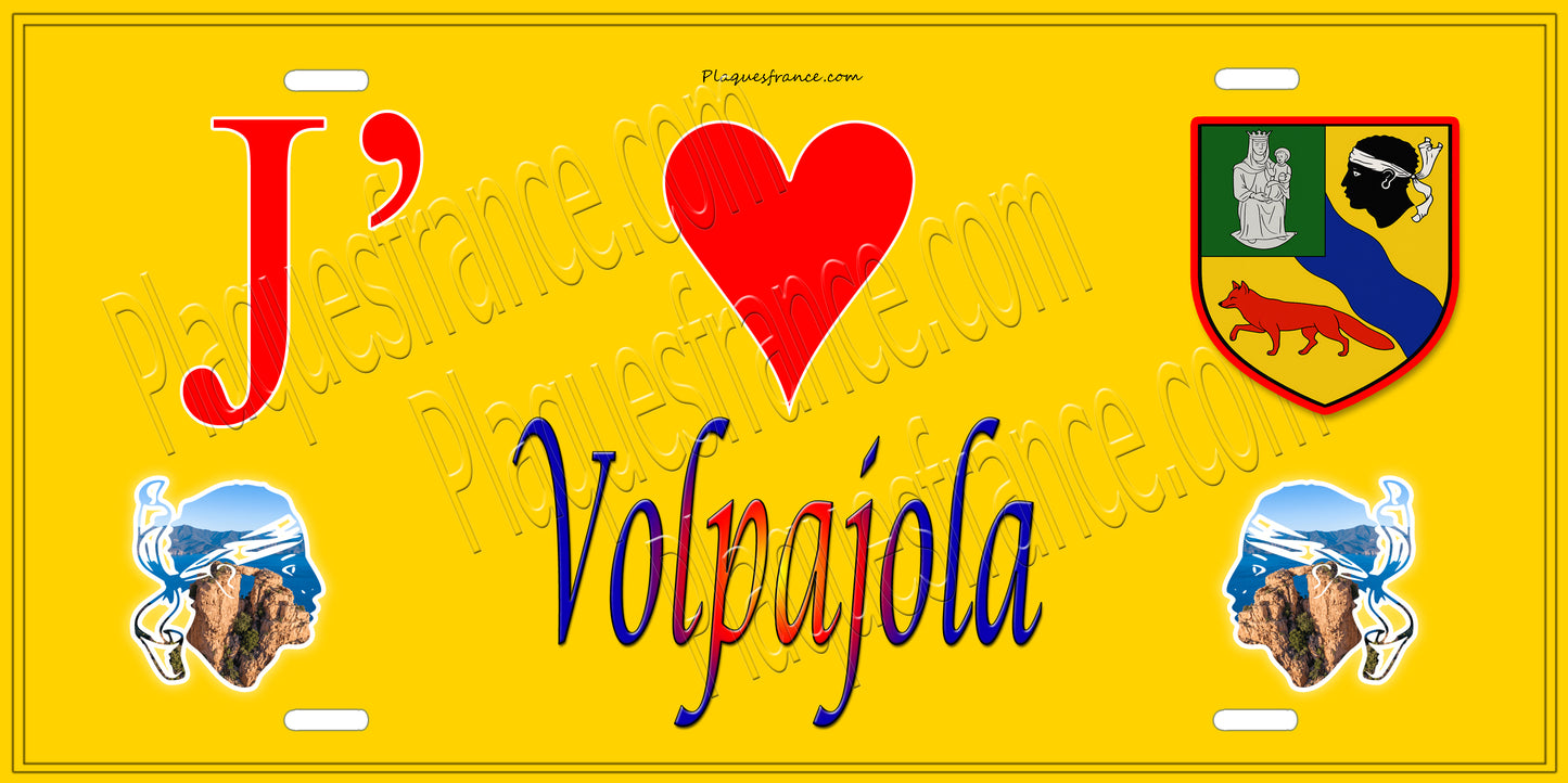 Plaque métal décorative 15 x 30 cm jaune J' ❤️ Volpajola Canton de Corte Haute Corse