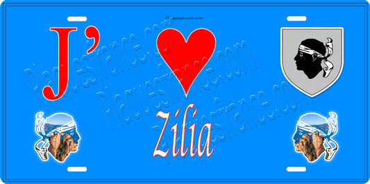 Plaque métal décorative 15 x 30 cm bleu J' ❤️ Zilia Canton de Calvi Haute Corse