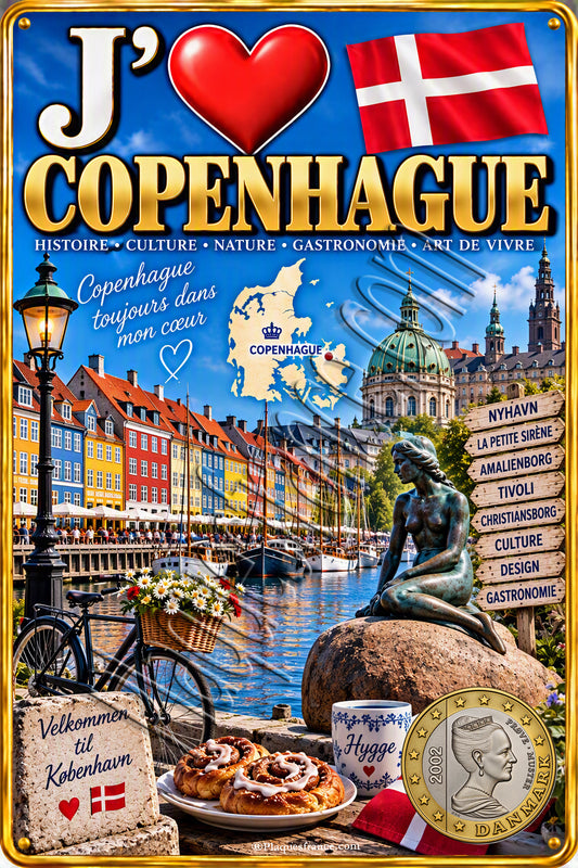 Plaque métal décorative J’aime Copenhague avec Nyhavn, Petite Sirène, drapeau danois, carte du Danemark et symboles de Copenhague