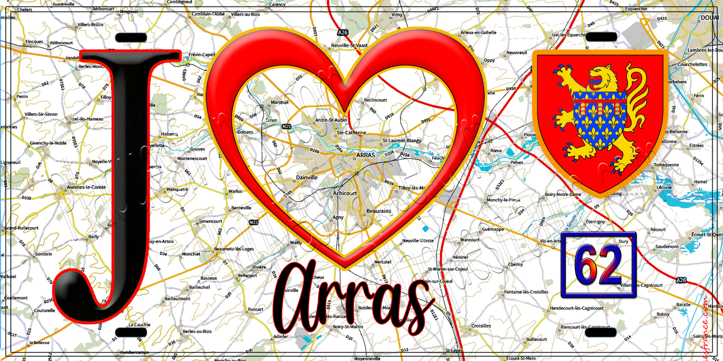 Plaque métal décorative  J' ❤️ Arras, Pas de Calais (62) fond carte