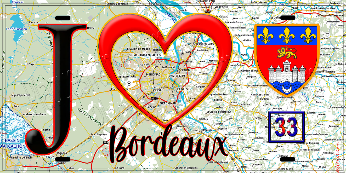 Plaque métal décorative, J' ❤️Bordeaux, Gironde (33) fond carte