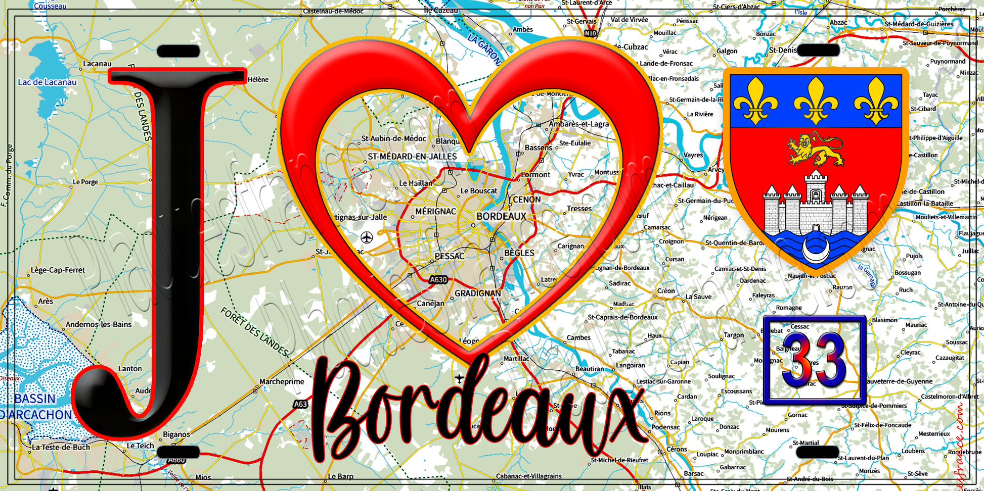 Plaque métal décorative, J' ❤️Bordeaux, Gironde (33) fond carte