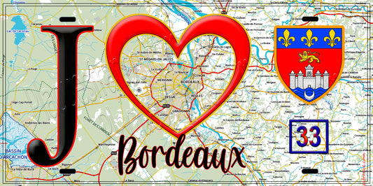 Plaque métal décorative, J' ❤️Bordeaux, Gironde (33) fond carte