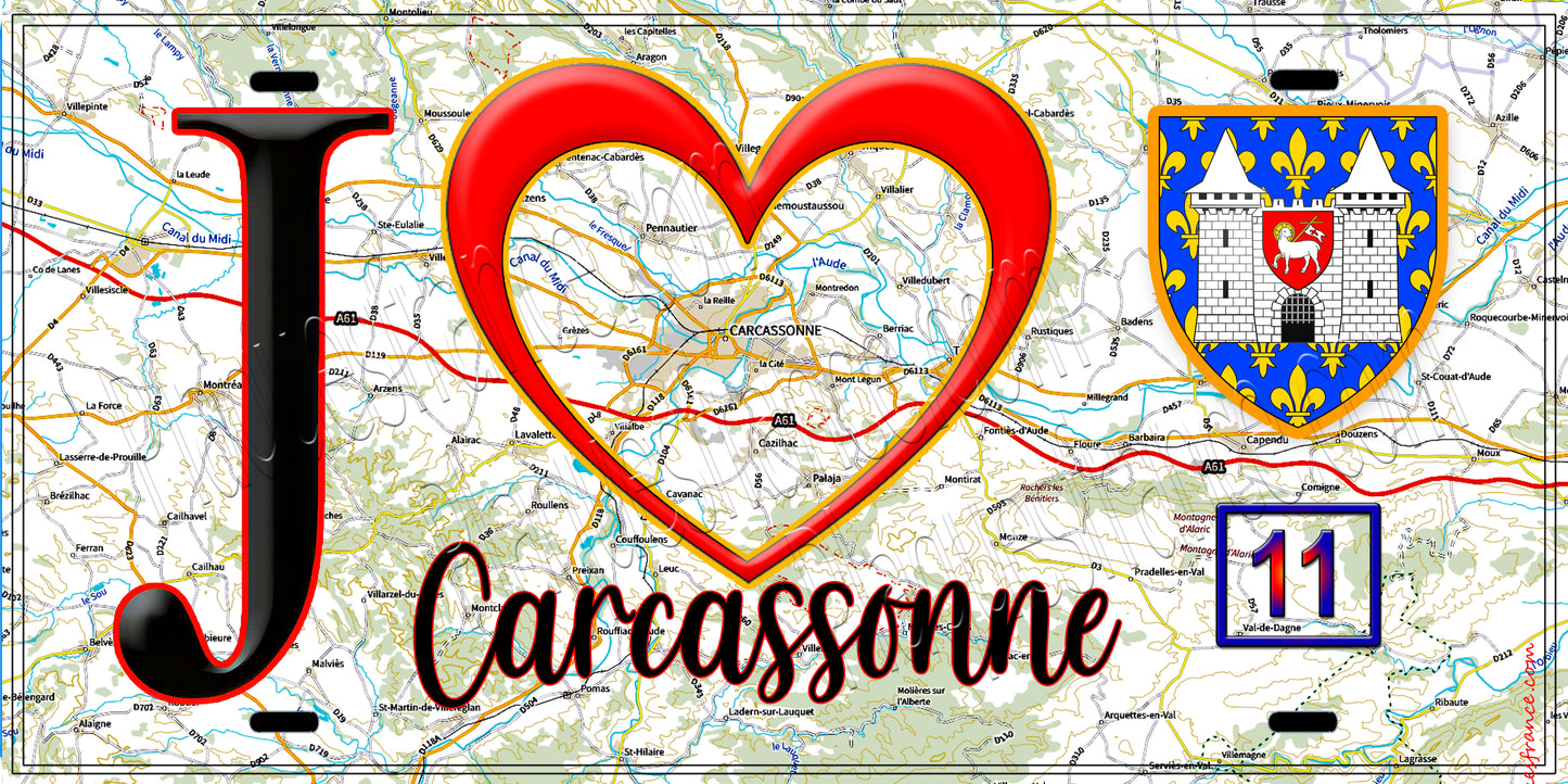 Plaque métal décorative, J' ❤️Carcassonne, Aude (11) fond carte