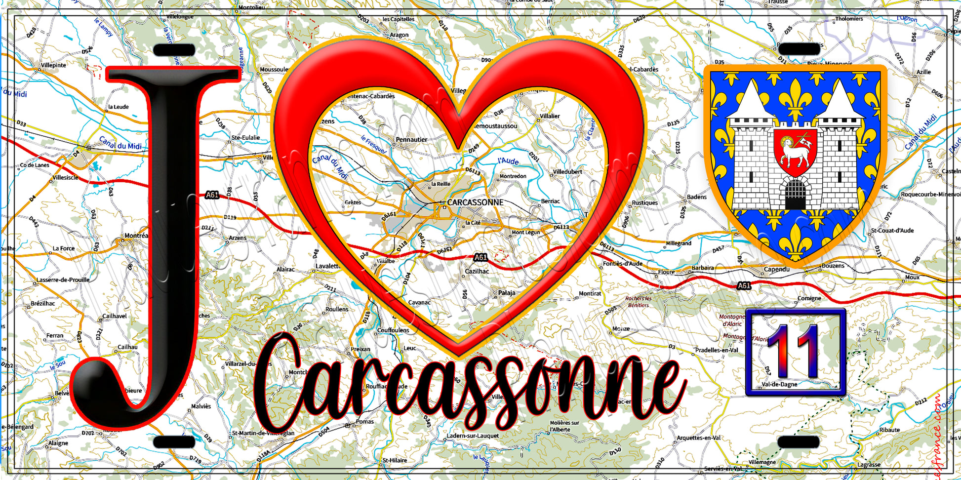 Plaque métal décorative, J' ❤️Carcassonne, Aude (11) fond carte