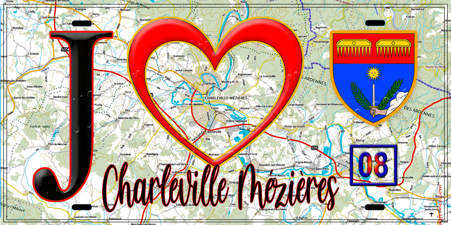 Plaque métal décorative, J' ❤️Charleville-Mézières, Ardennes (08) fond carte