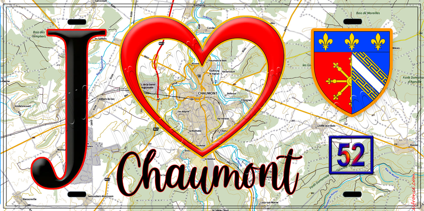 Plaque métal décorative,J'❤️Chaumont, Haute Marne (52) fond carte
