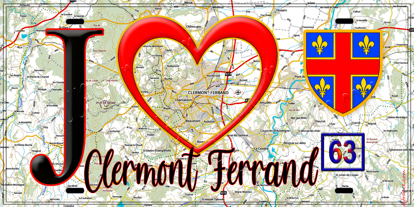 Plaque métal décorative, J' ❤️Clermont Ferrand, Puy de Dôme (63) fond carte