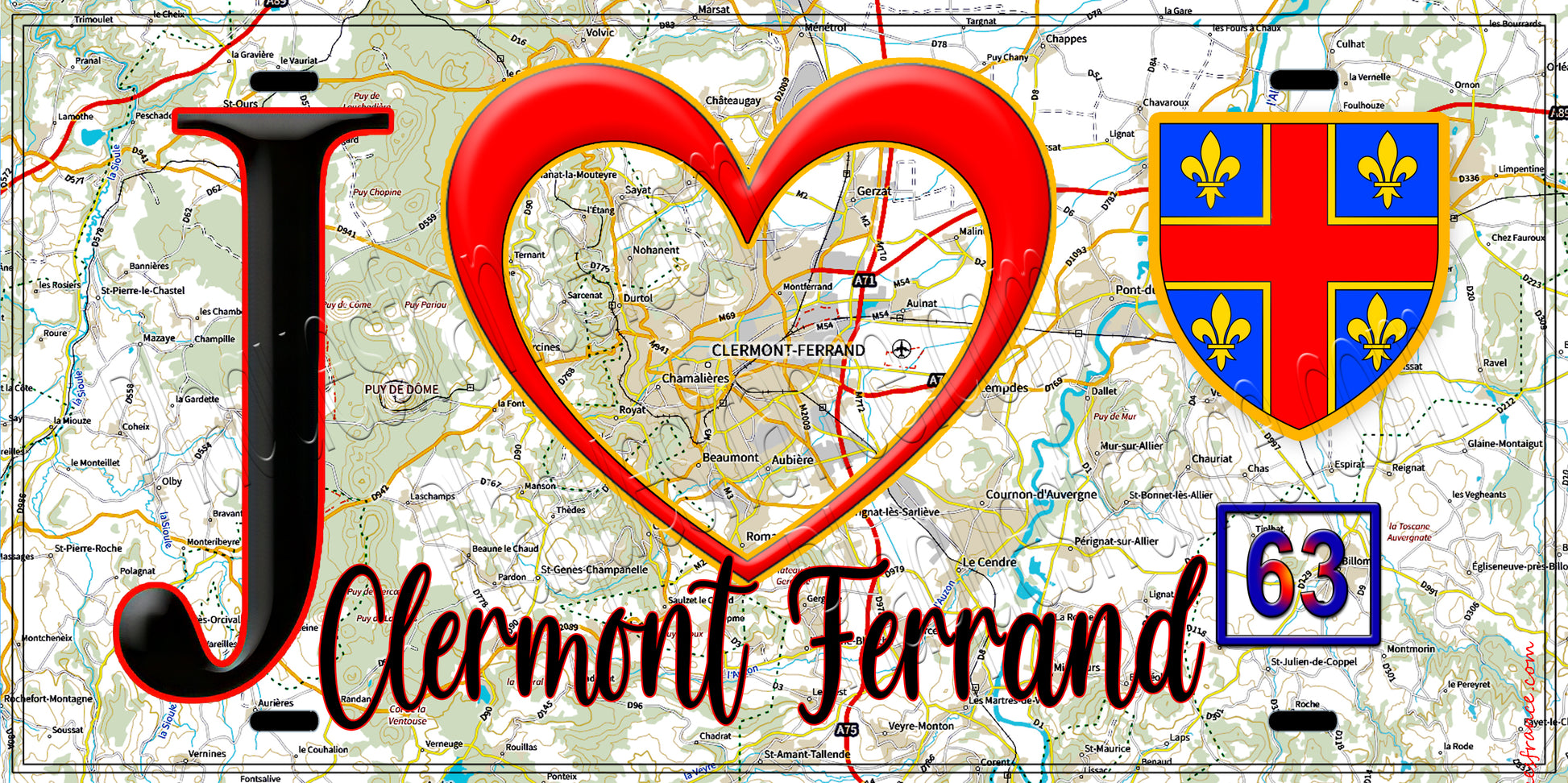 Plaque métal décorative, J' ❤️Clermont Ferrand, Puy de Dôme (63) fond carte