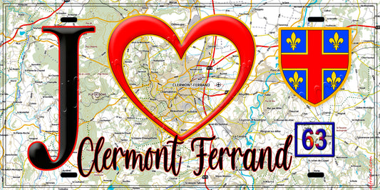 Plaque métal décorative, J' ❤️Clermont Ferrand, Puy de Dôme (63) fond carte