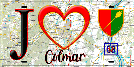 Plaque métal décorative, J' ❤️Colmar, Haut Rhin (68) fond carte