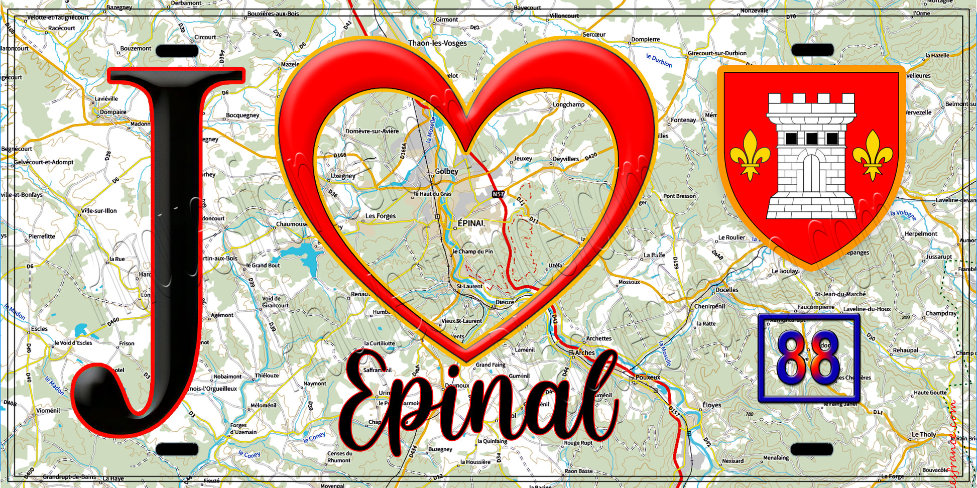 Plaque métal décorative, J' ❤️Epinal, Vosges (88) fond carte