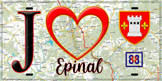 Plaque métal décorative, J' ❤️Epinal, Vosges (88) fond carte